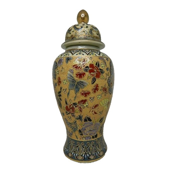 Garden Ridge Porcelain Vase with Lid Hand painted Butterflies & Flowers 11.75"H - Picture 2 of 15